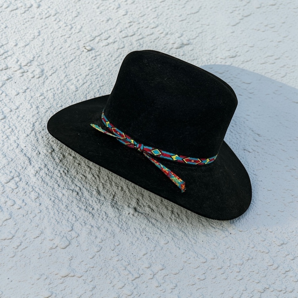 Black Wool Fedora Hat w/ Colorful Woven Band Boho Western Prairie - Picture 2 of 6
